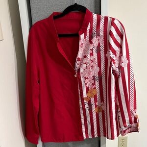 Red and White Striped Floral Button-Up Shirt
